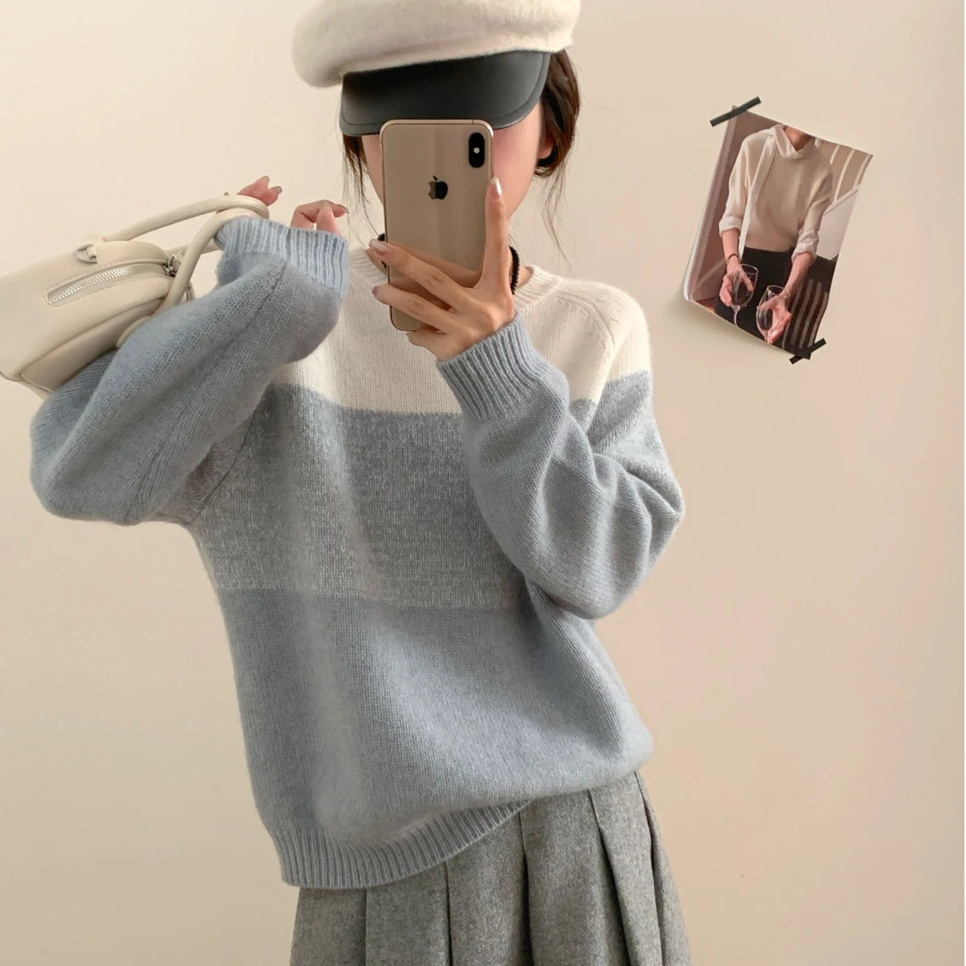 YAERMEI/雅而美秋冬圆领慵懒风加厚宽松夹色丝羊绒针织衫8022