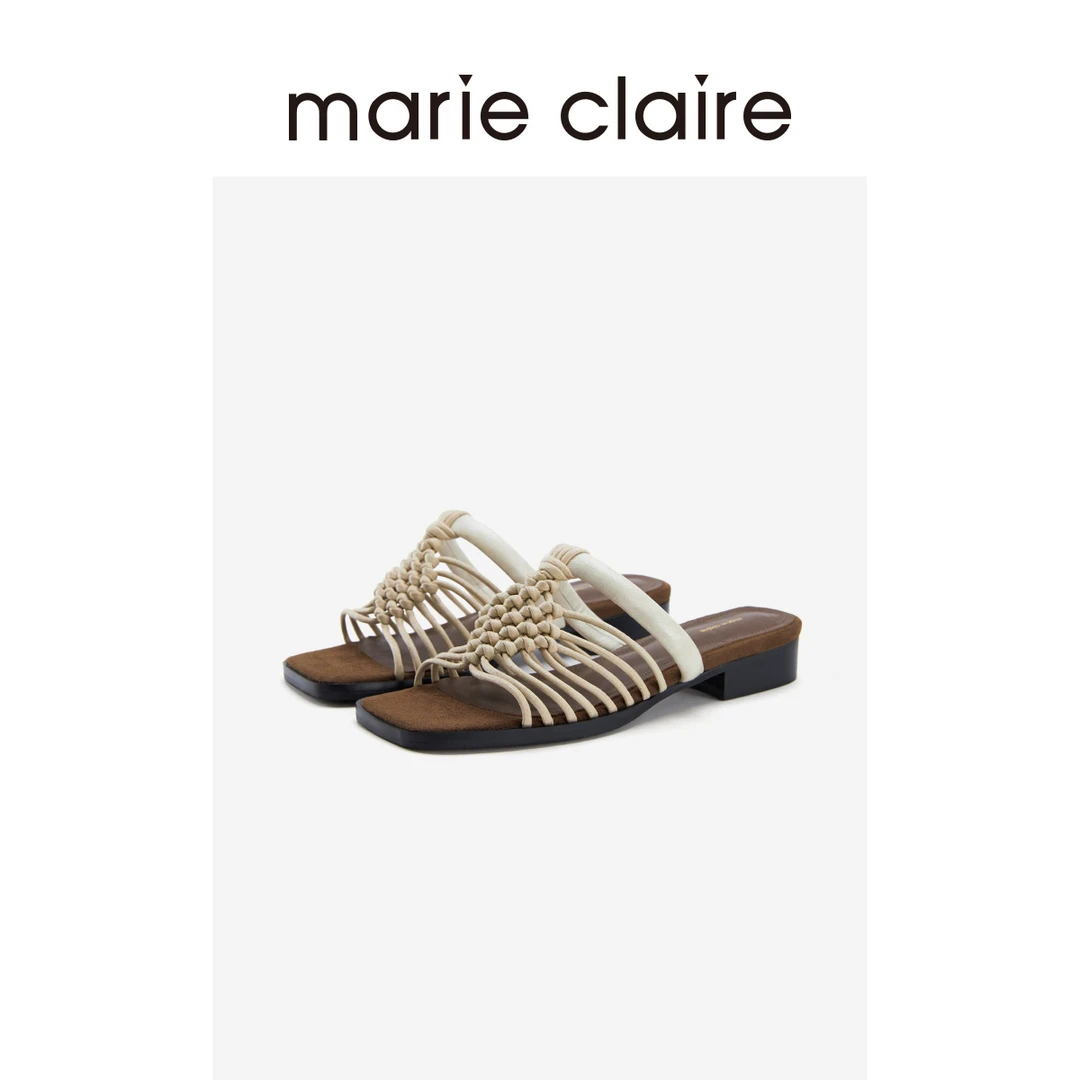 MC女鞋波西米亚风羊皮方头绳结编织拖鞋25夏季marieclaire女鞋
