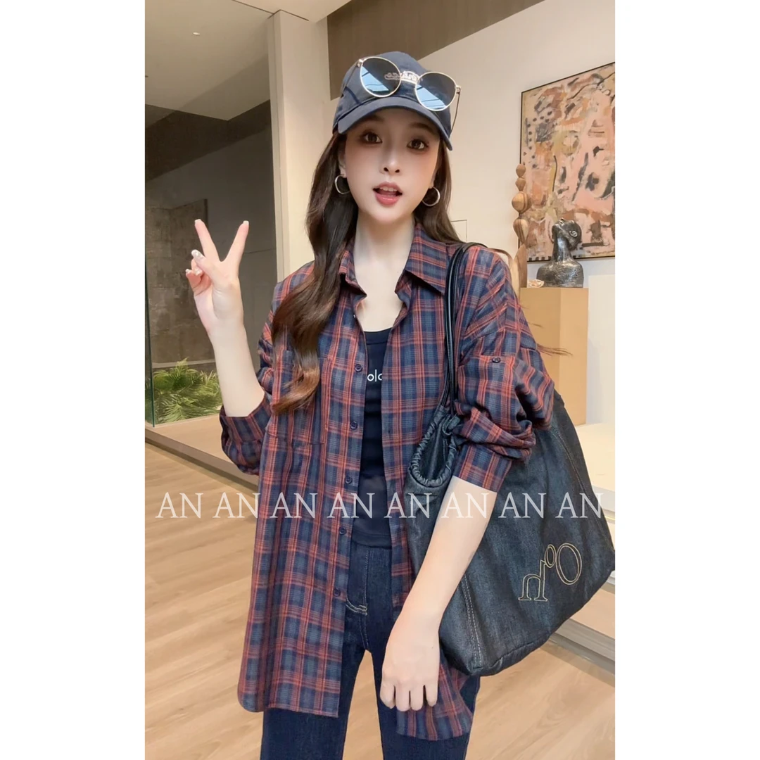 C08118韩系高级感时尚小个子慵懒风百搭宽松叠穿格子衬衫