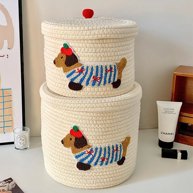棉线编织大容量带盖防尘收纳桶家用卡通可爱小狗杂物收纳筐储物HR