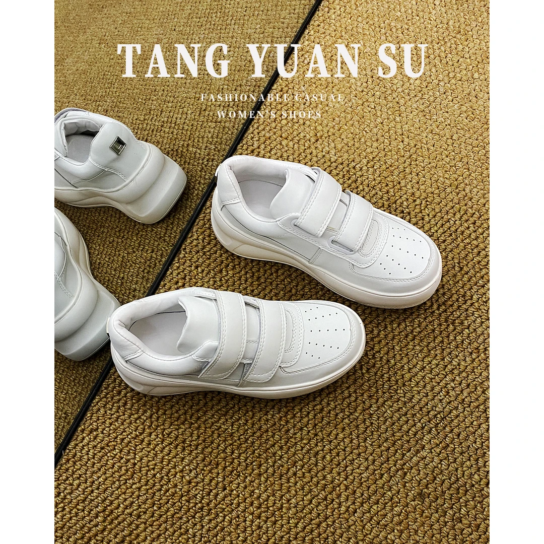 学院风魔术贴小白鞋女2025夏厚底板鞋增高运动休闲女鞋透气面包鞋