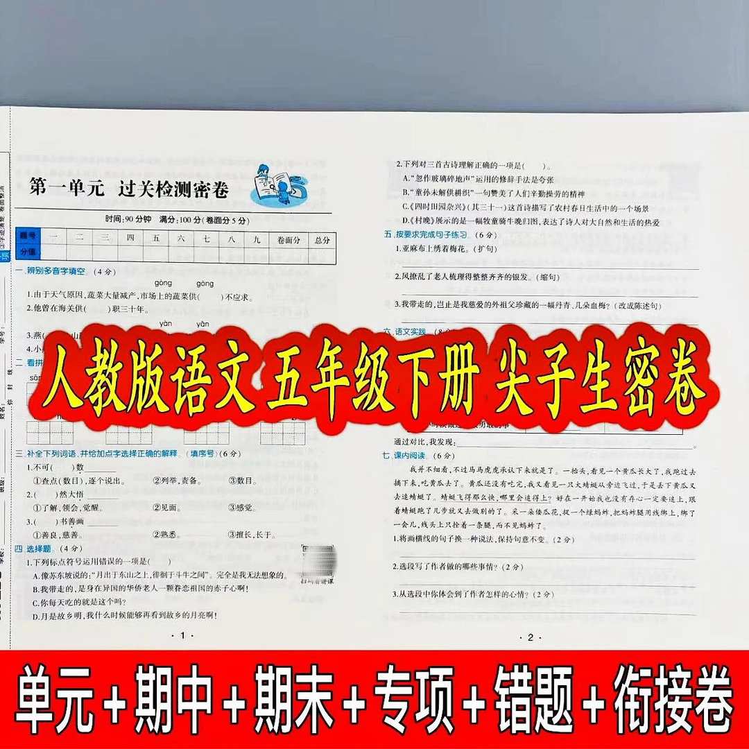 人教版语文五年级下册尖子生密卷同步测试卷单元期中期末复习试卷