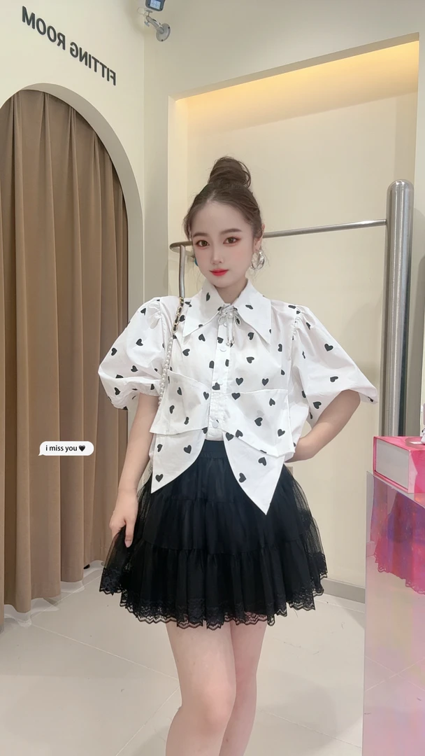 大观欧货原创洋气小众短袖小心心蝴蝶结衬衫泡泡袖设计少女感满满