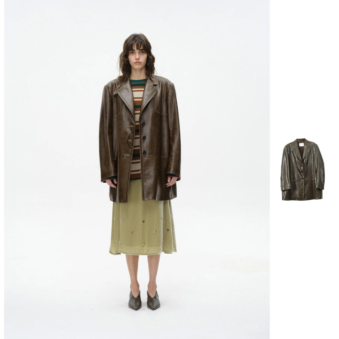 ASYUS   25秋季新品女装宽松皮衣中长款拼贴皮衣棕色翻领时尚