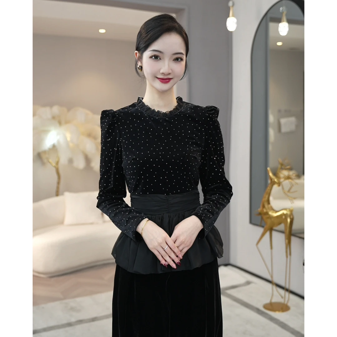 现货2025春季新款【ZM23-Q170】法式高级感轻奢气质黑色金丝绒上衣