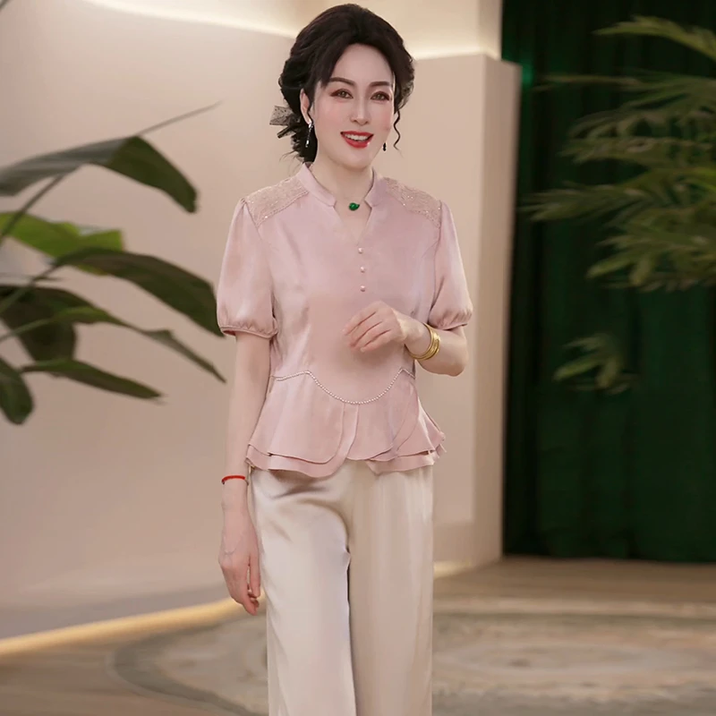 2025妈妈装夏季薄款时尚气质中老年新款女装洋气小衫上衣两件套