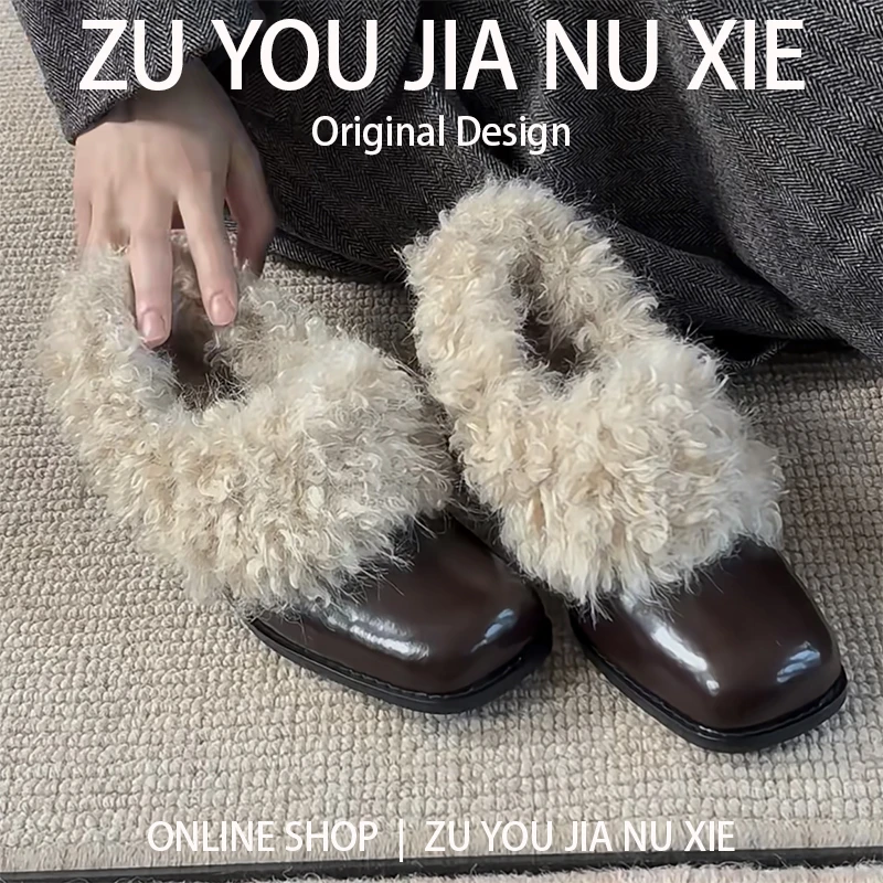 方头毛毛鞋女冬外穿加绒小皮鞋女英伦风粗跟单鞋大码女鞋41到43秋