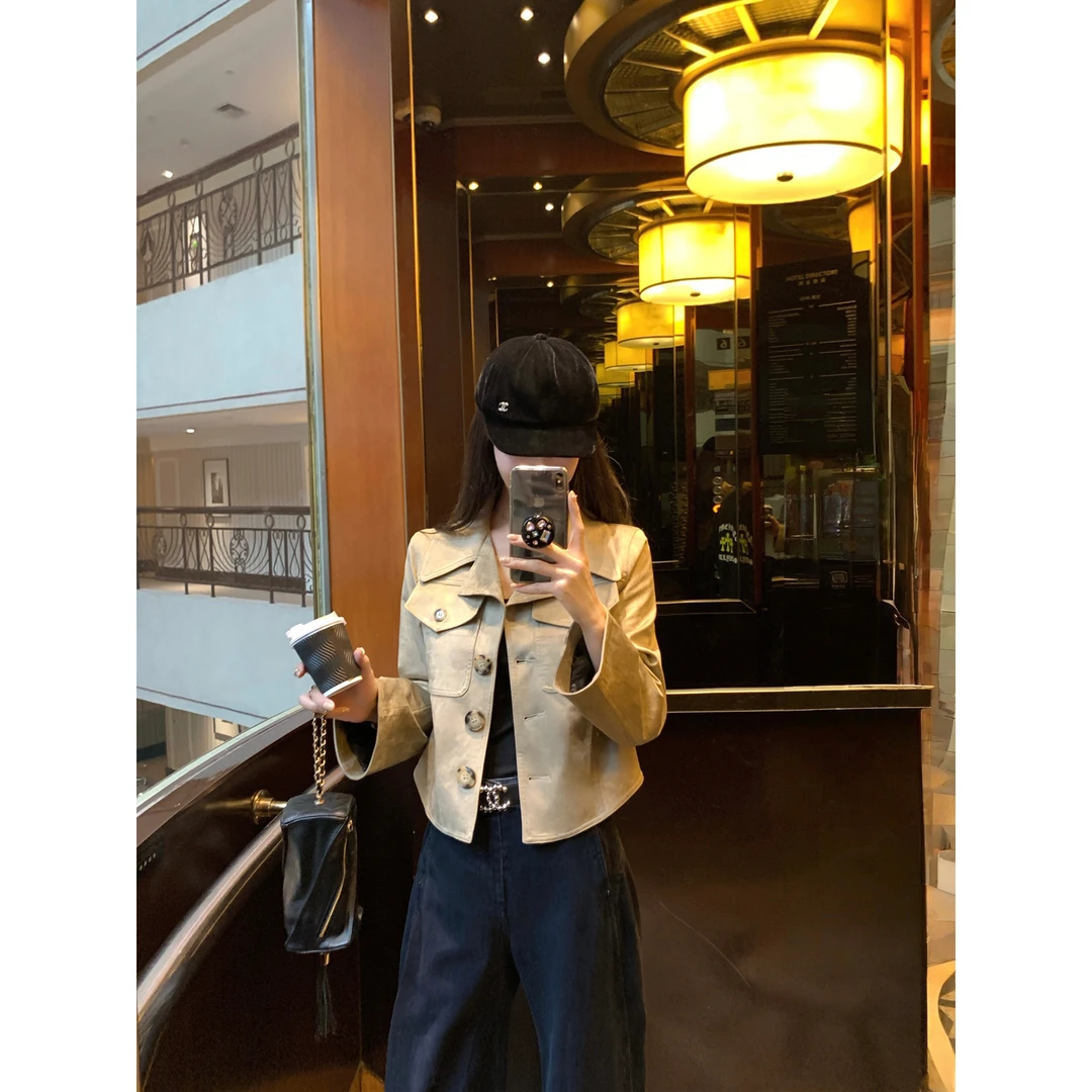 美式巴恩风鹿皮绒外套女秋季高级感复古街头修身显瘦短款夹克上衣