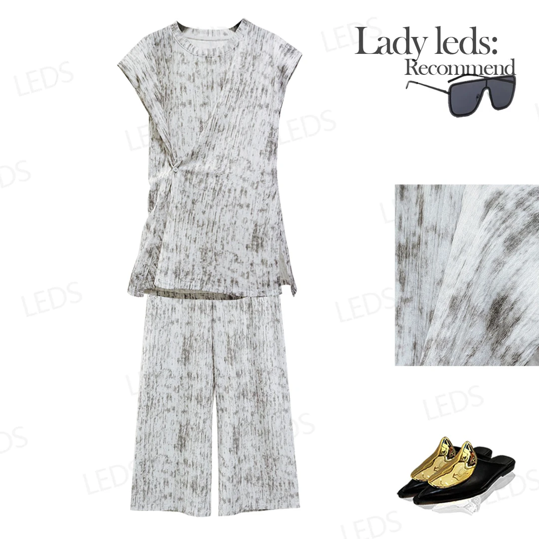 LEDS  S577慵懒氛围*松弛感水墨晕染短袖上衣 + 阔腿裤套装