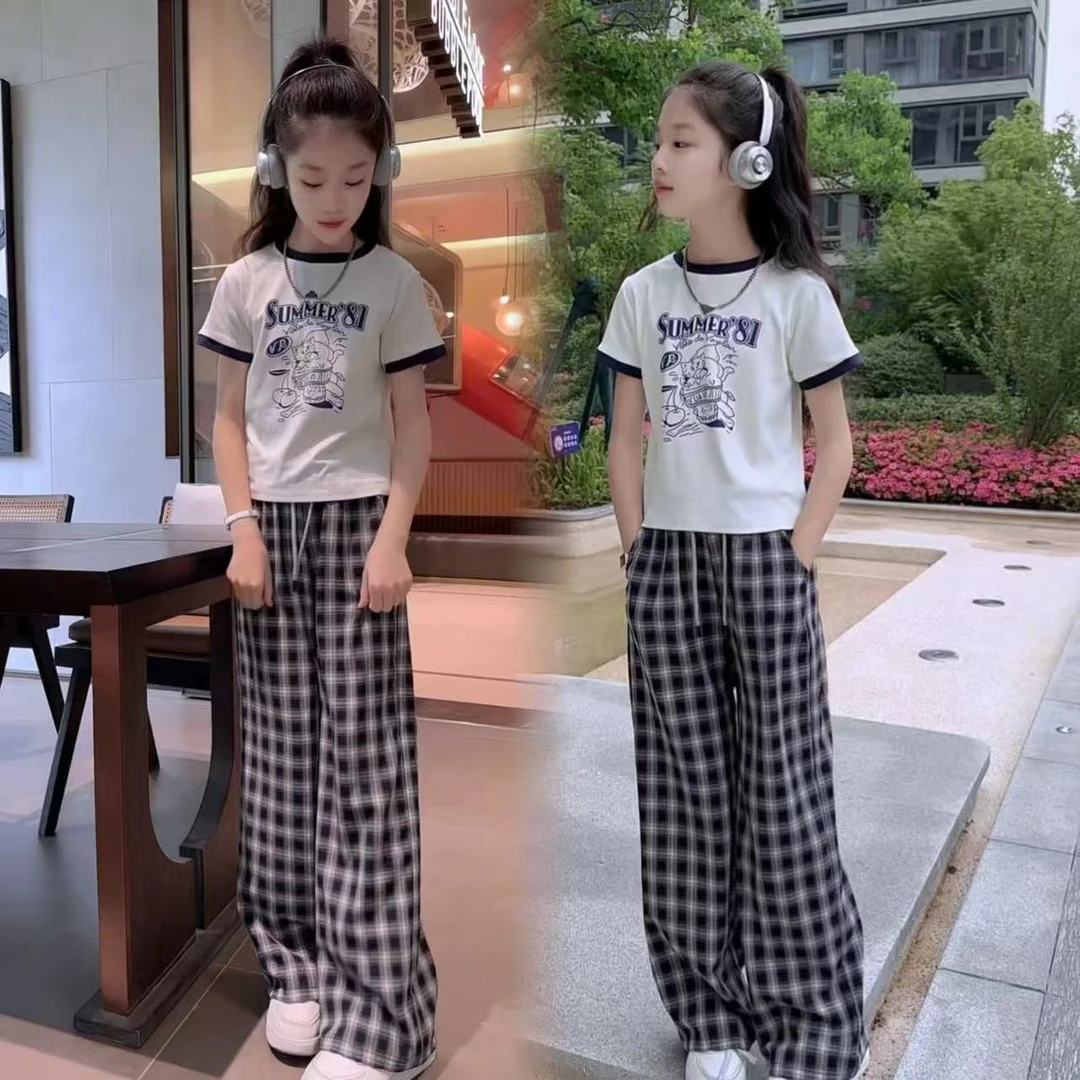 女童裤子夏季薄款2025新款冰丝儿童休闲格子阔腿裤大童女孩防蚊裤