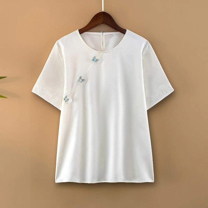 【蝶雅】夏季2025新款上衣小衫女新中式国风圆领气质白色短袖T恤衫
