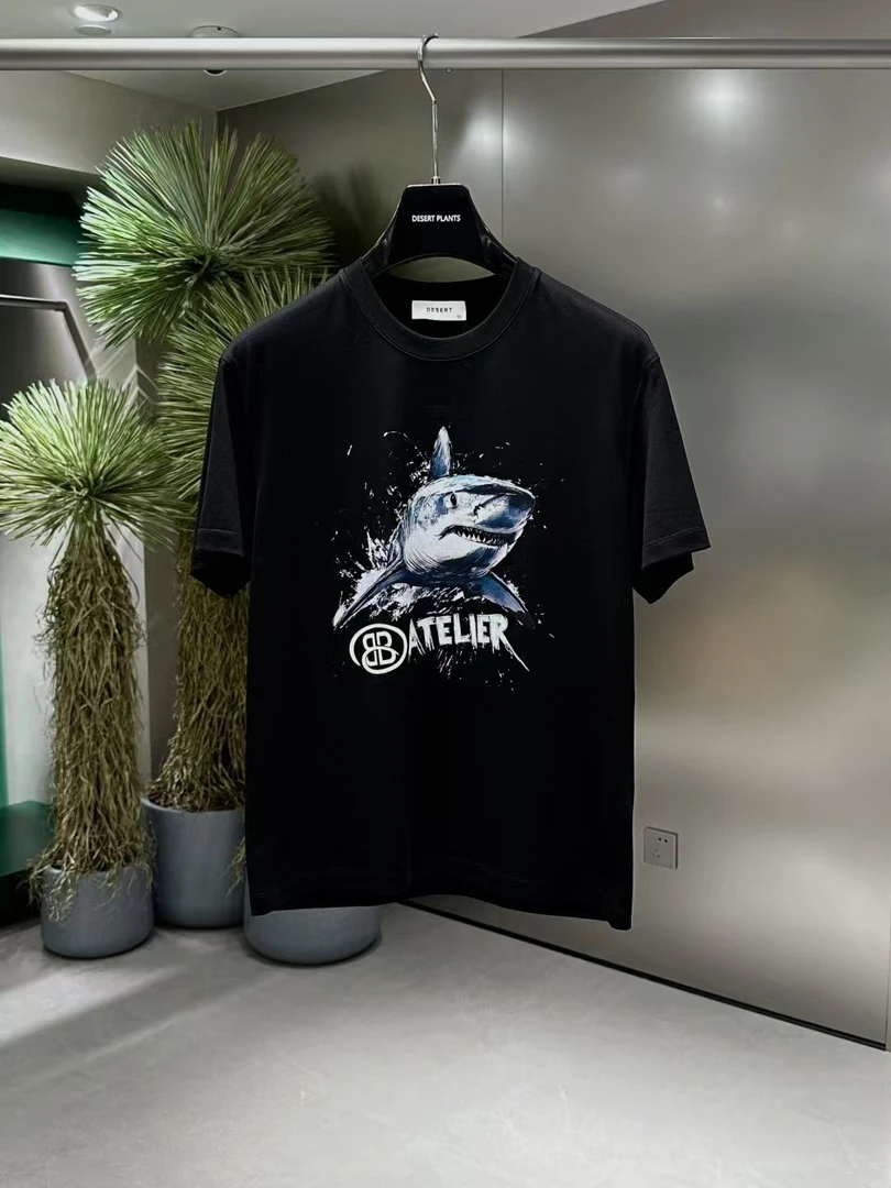 潮流2025春夏新款鲨鱼印花立体胶印 大码男士圆领纯棉短袖25B9087