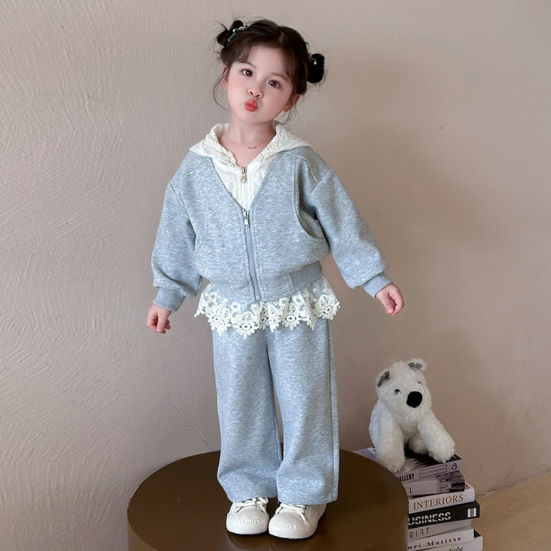 女童秋装套装2025新款女宝宝洋气时髦儿童蕾丝花边卫衣女宝秋装