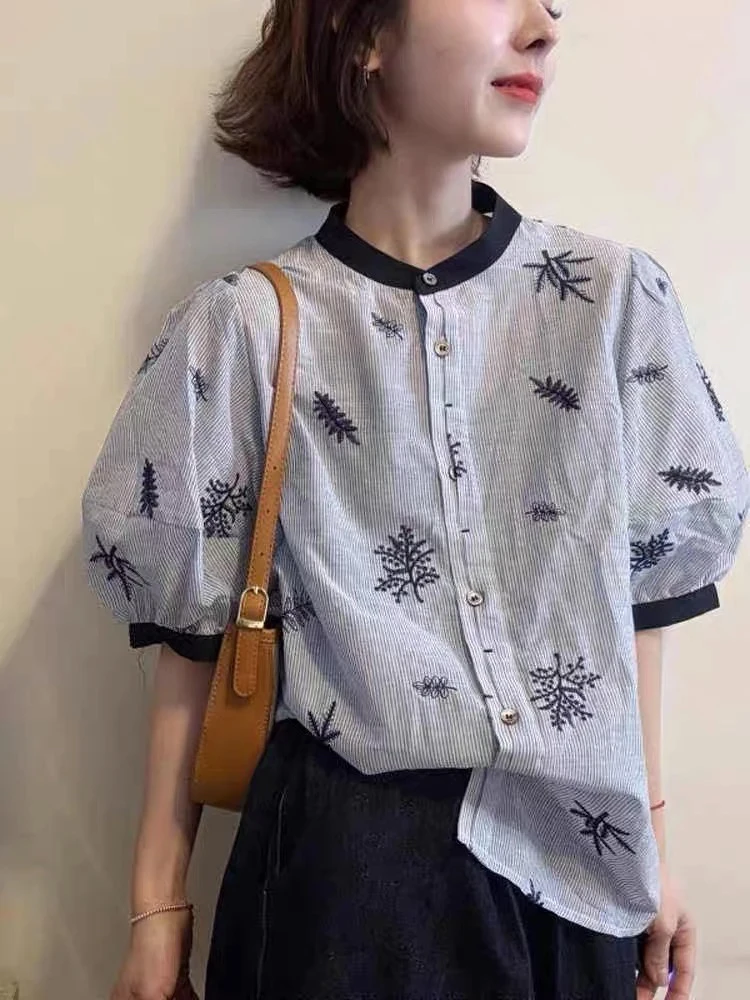 条纹短袖刺绣上衣薄款复古衬衣小众衬衫百搭夏季休闲气质圆领