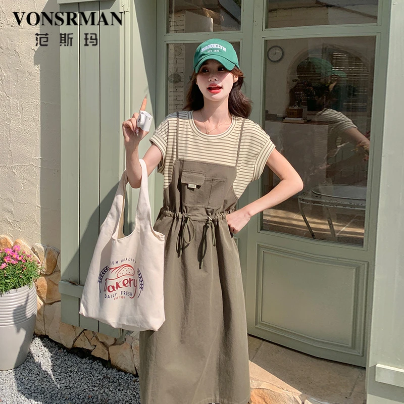 条纹拼接假两件连衣裙女2025夏季新款工装风气质收腰显瘦T恤长裙