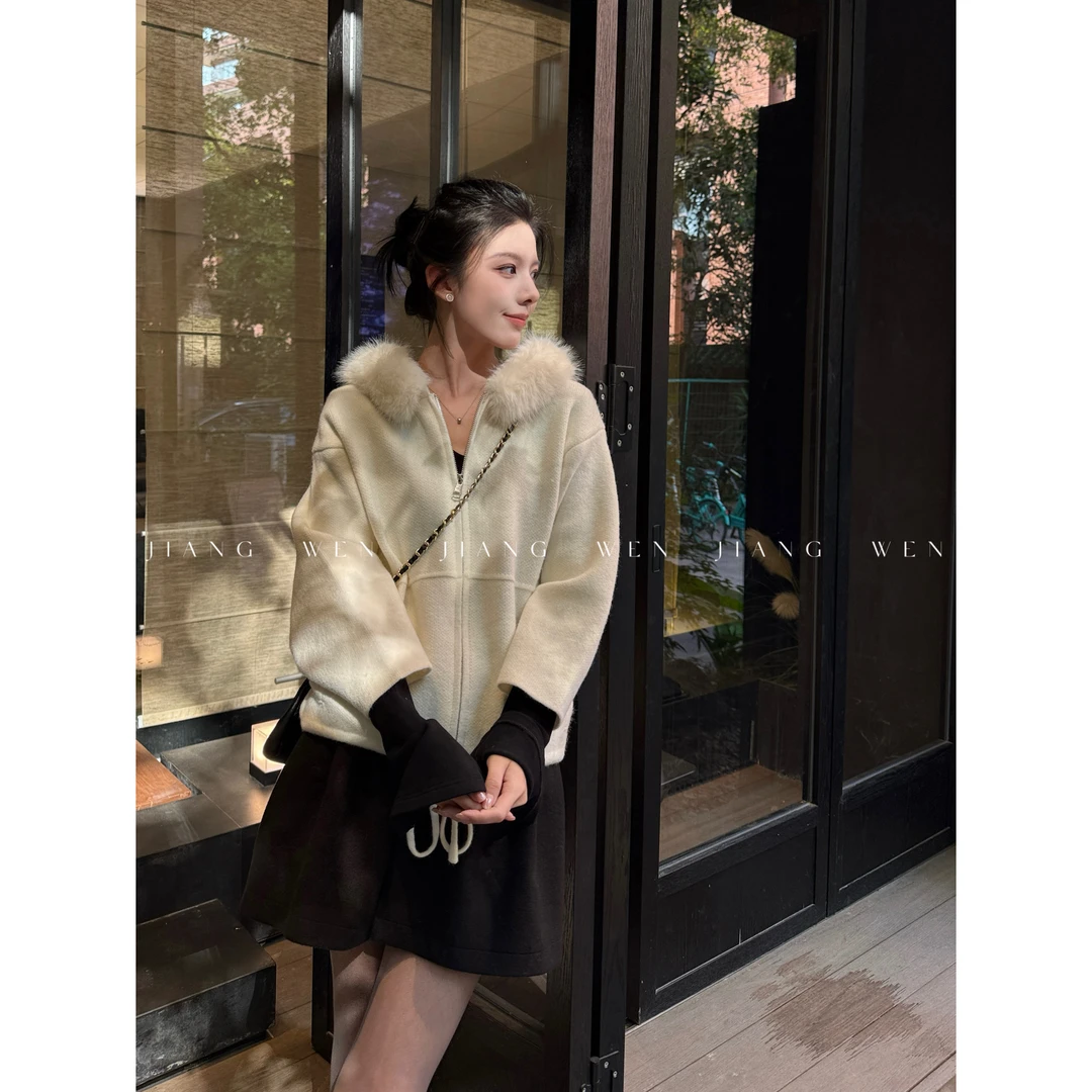 【大吉岭】慵懒感连帽毛毛下摆抽绳显瘦斗篷针织开衫