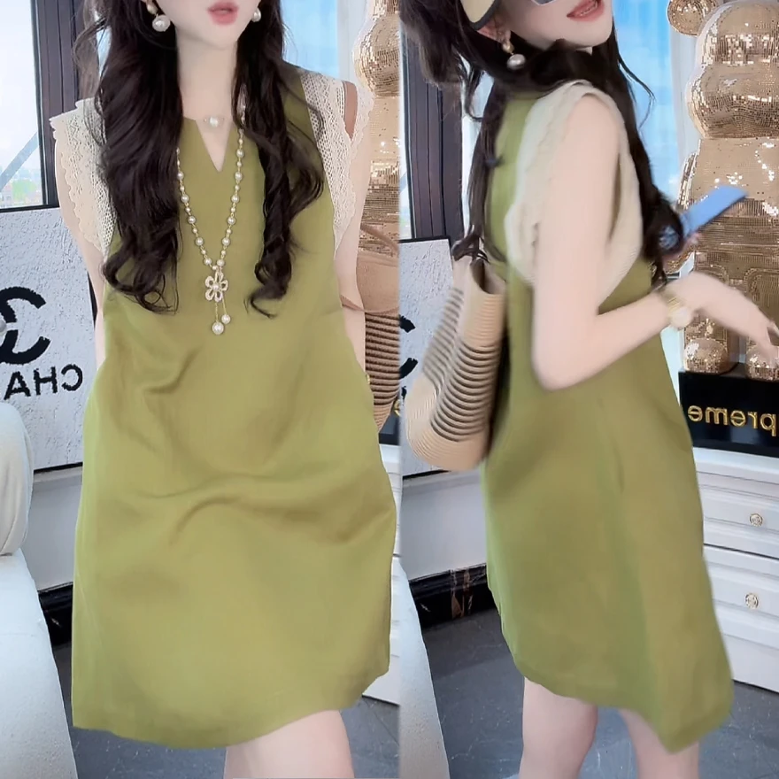 2025年夏季新款蕾丝拼接中长款连衣裙女生时尚百搭设计感显瘦裙子