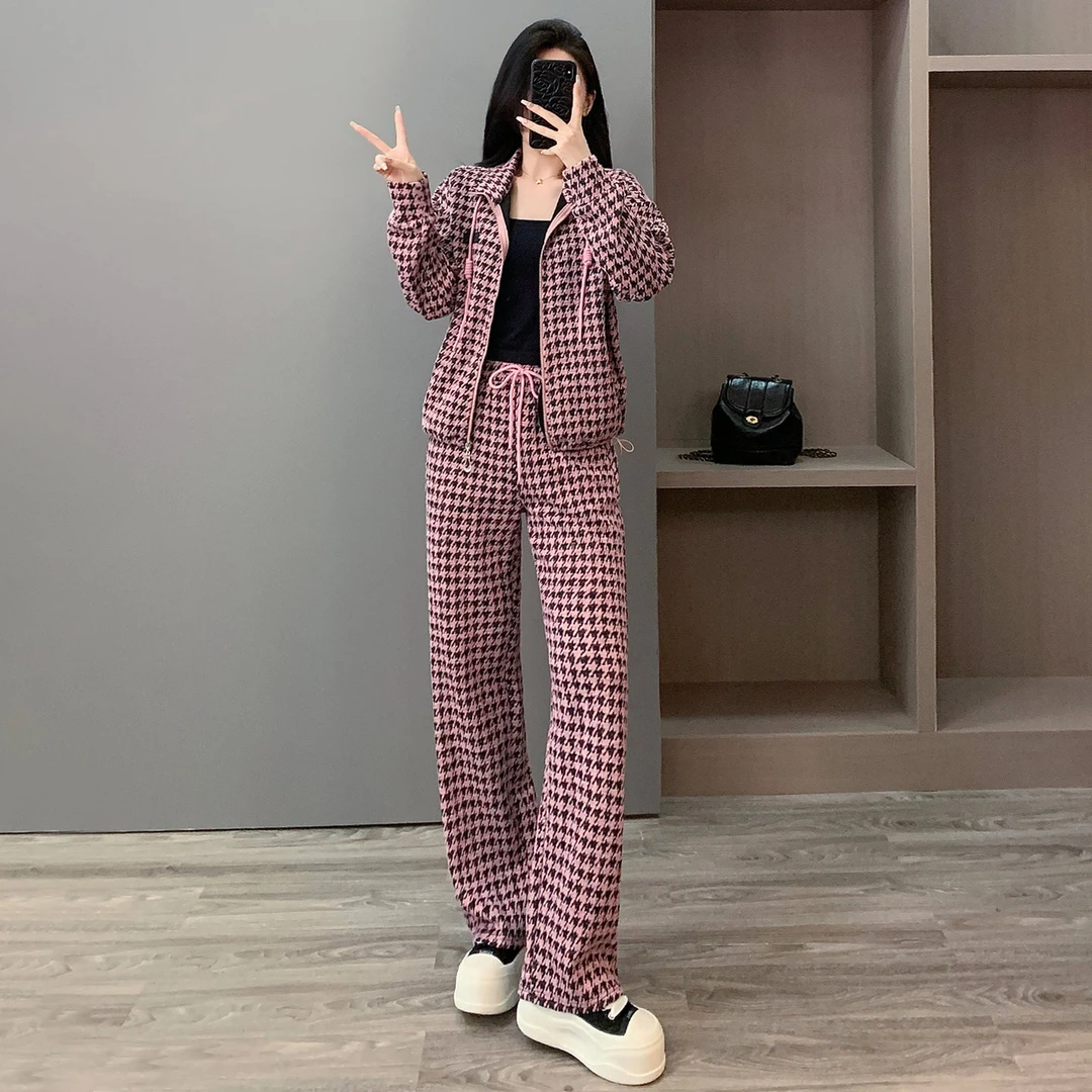 欧货高级感洋气休闲运动套装直筒时尚长裤秋冬千鸟格高腰阔腿长袖