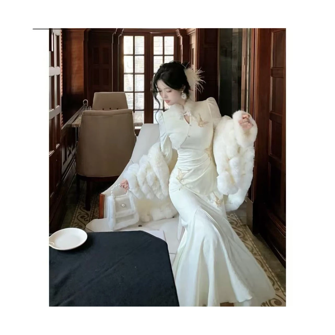 【白羽玲珑】 2025秋冬新款加绒新中式连衣裙气质国风鱼尾旗袍