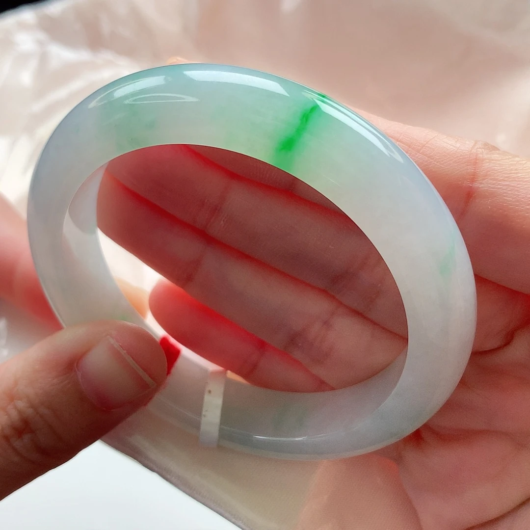 未镶嵌手镯翡翠冰飘金丝阳绿 52-53圈口 毕业款