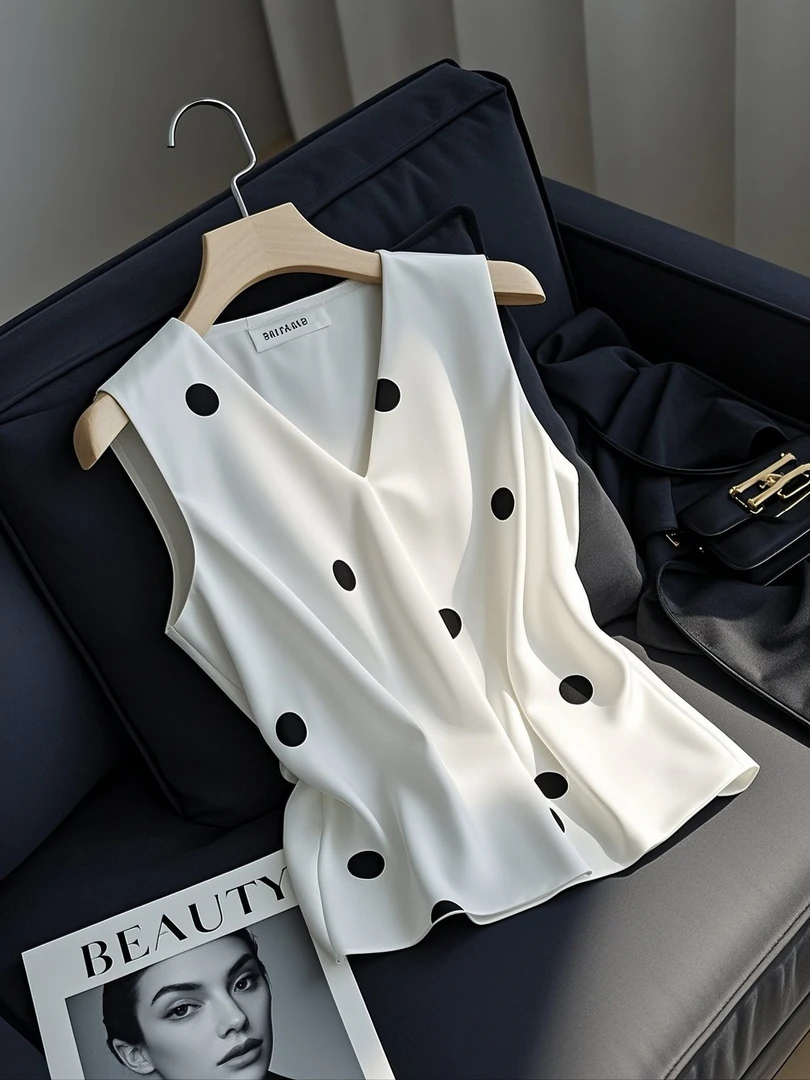 2025年夏季新款韩版时尚百搭宽松显瘦背心洋气v领无袖波点上衣女