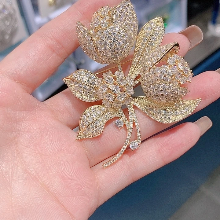 锆石铜合金高端大气奢华玫瑰花胸针 金色