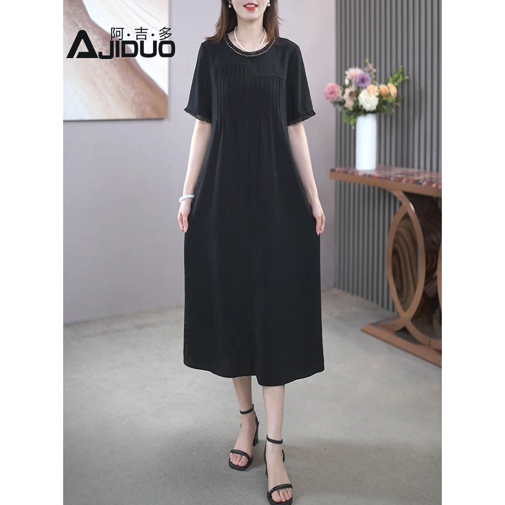 阿吉多A22067阔太太黑色短袖连衣裙2025夏季新款端庄气质洋气裙子