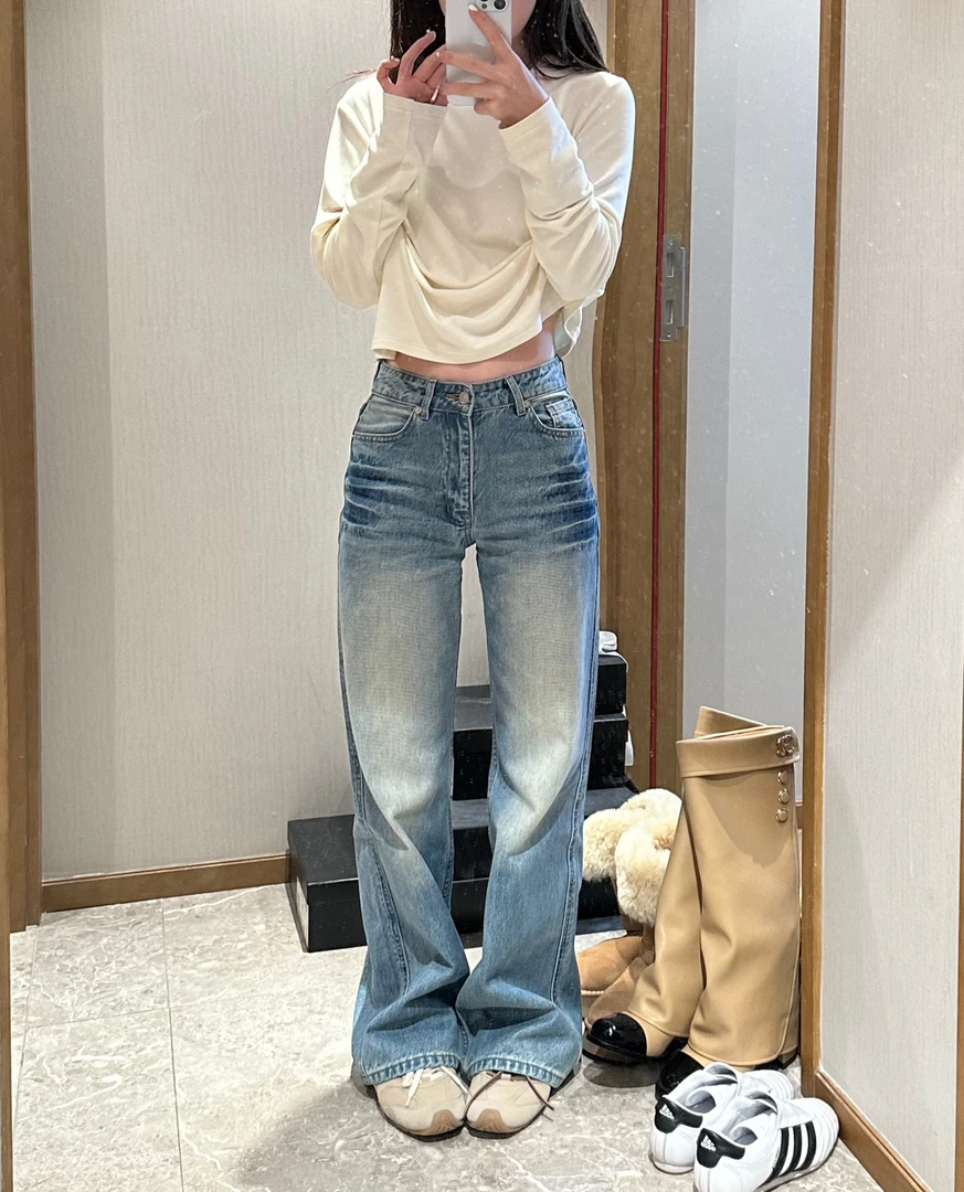 金饺子【浅蓝牛仔裤】 不加绒四季款水洗色猫爪纹直筒牛仔裤