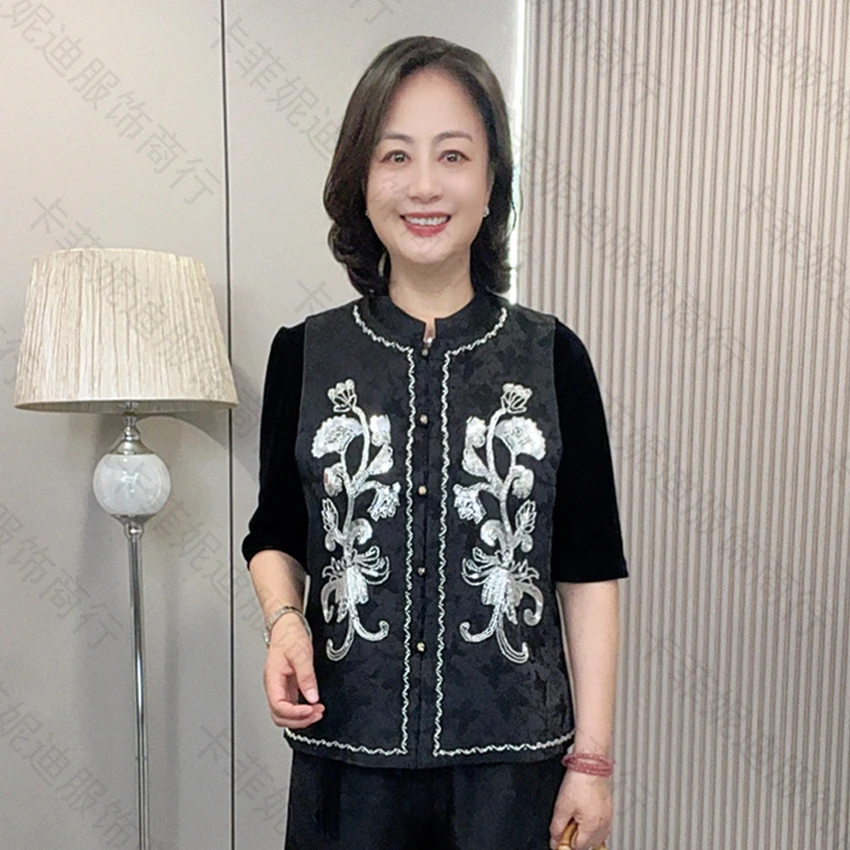 25130秋季时尚新中式国风妈妈装休闲舒适马甲