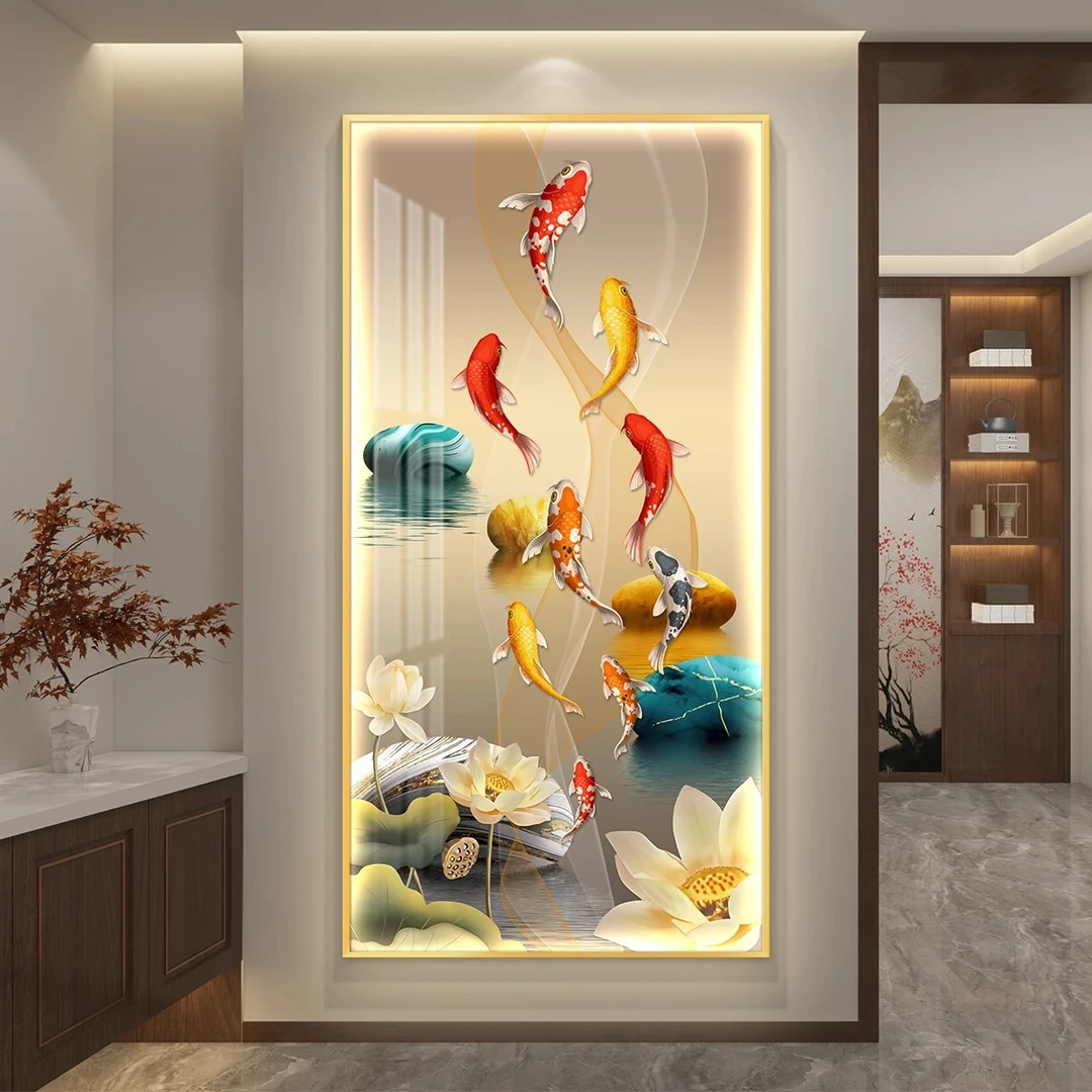 led带灯轻奢入户进门九鱼图玄关装饰画竖版荷花寓意好的挂画壁画
