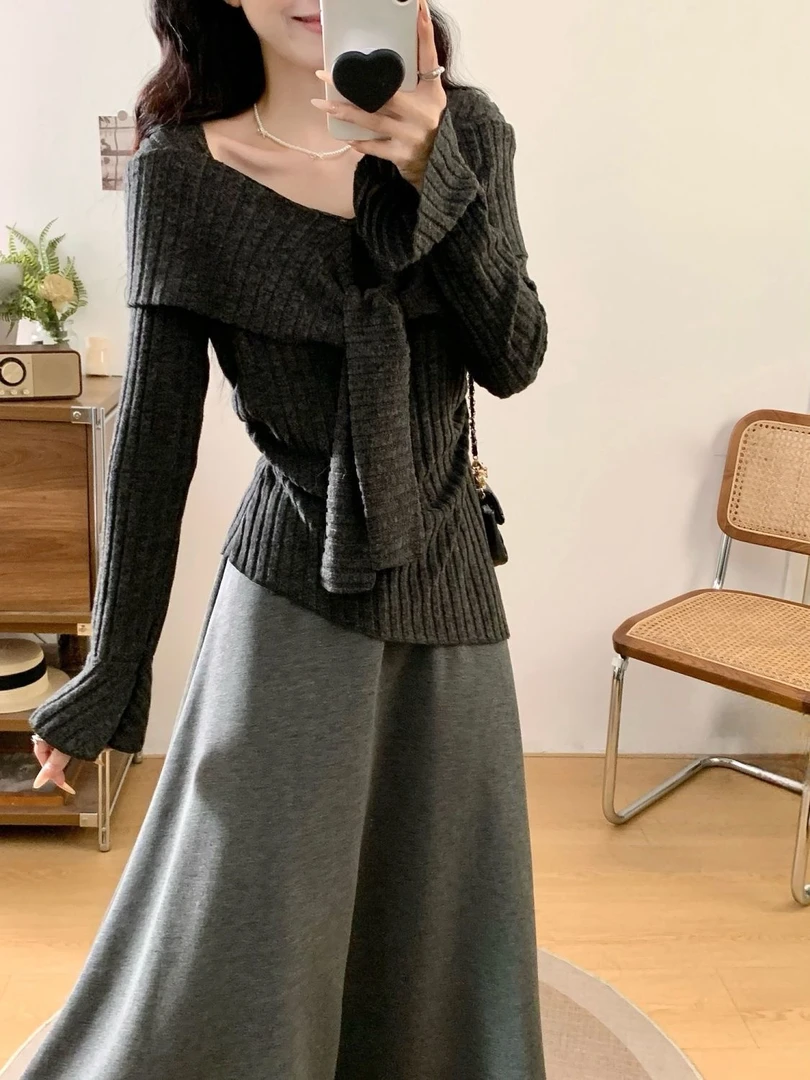 秋冬款温柔风法式绑带喇叭袖针织不规则百搭上衣+高腰半身裙套装