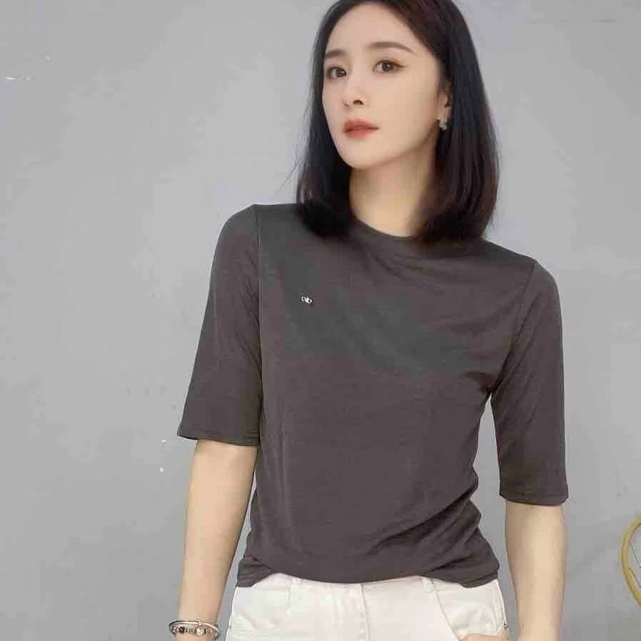 女免烫处理半高领中袖静奢风T恤简约女士半袖内搭