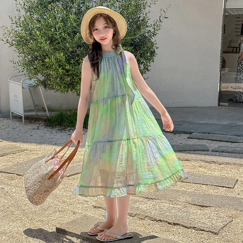 女童连衣裙夏季2025新款中大儿童甜美蝴蝶结挂脖度假风公主背心裙