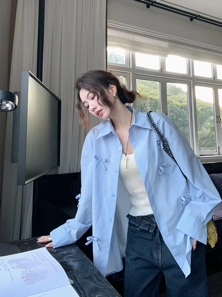 港风蝴蝶结设计感奶防晒衣衬衫女款2025春夏慵懒风宽松显瘦衬衣服