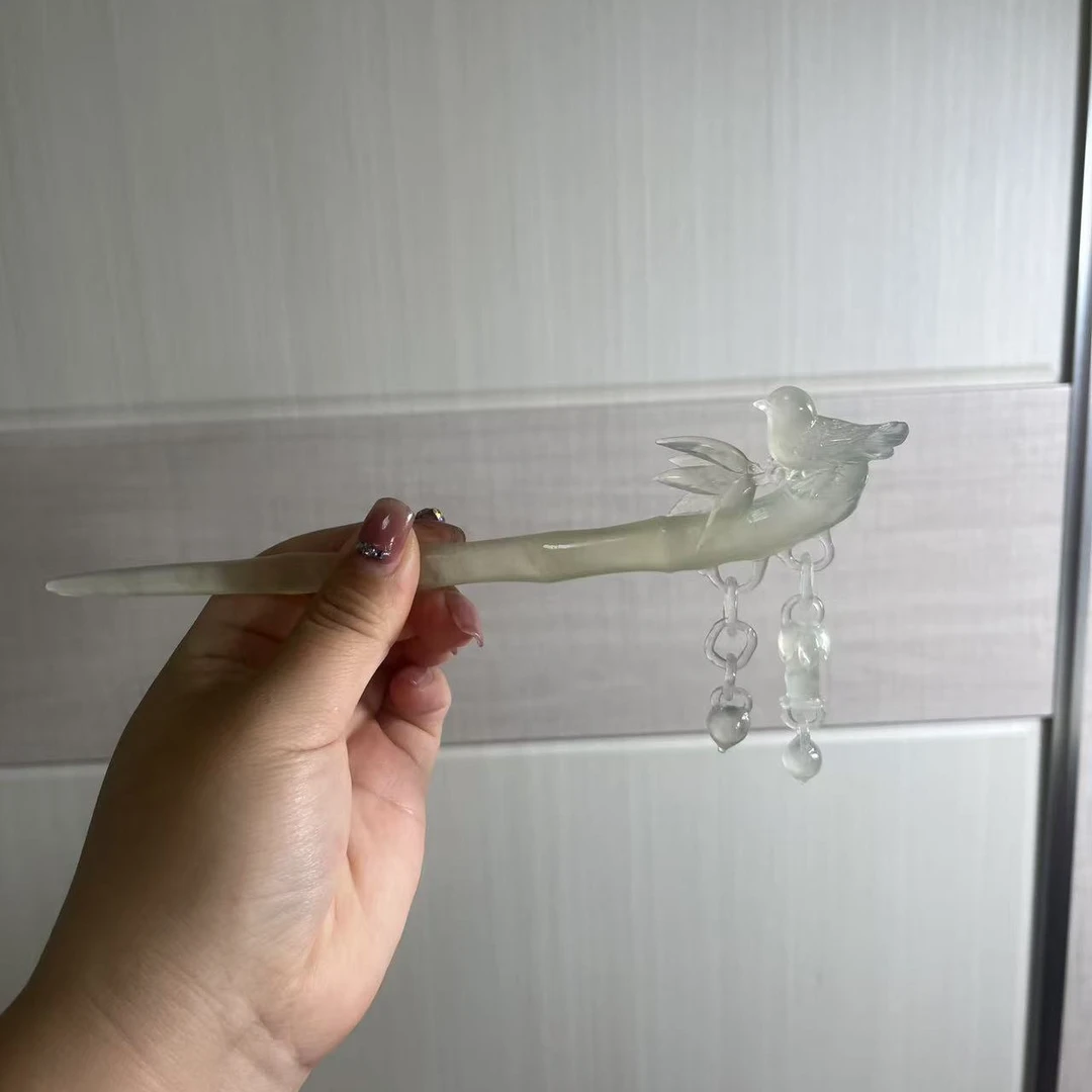 岫玉白冰小鸟竹子簪