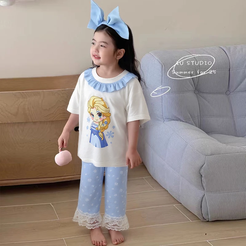 女童莫代尔爱莎公主睡衣春夏季薄款空调服宝宝冰丝家居服套装