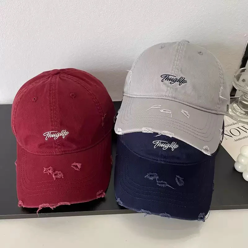 破洞美式字母刺深顶宽帽檐显脸小个性棒球帽