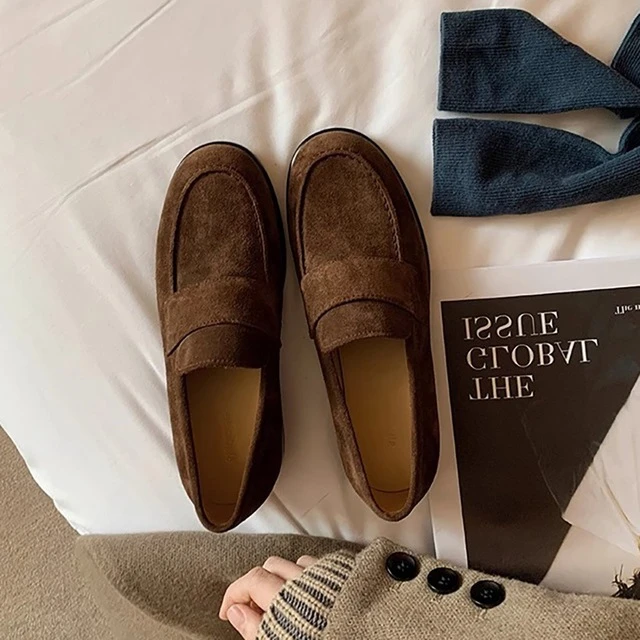 牛皮版~真皮手工英伦风小皮鞋女粗跟平底复古单鞋一脚蹬乐福鞋子