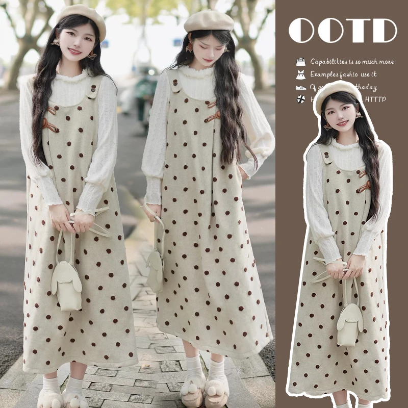 孕妇装秋冬套装2025新款新款宽松大码蕾丝打底衫波点背带裙两件套