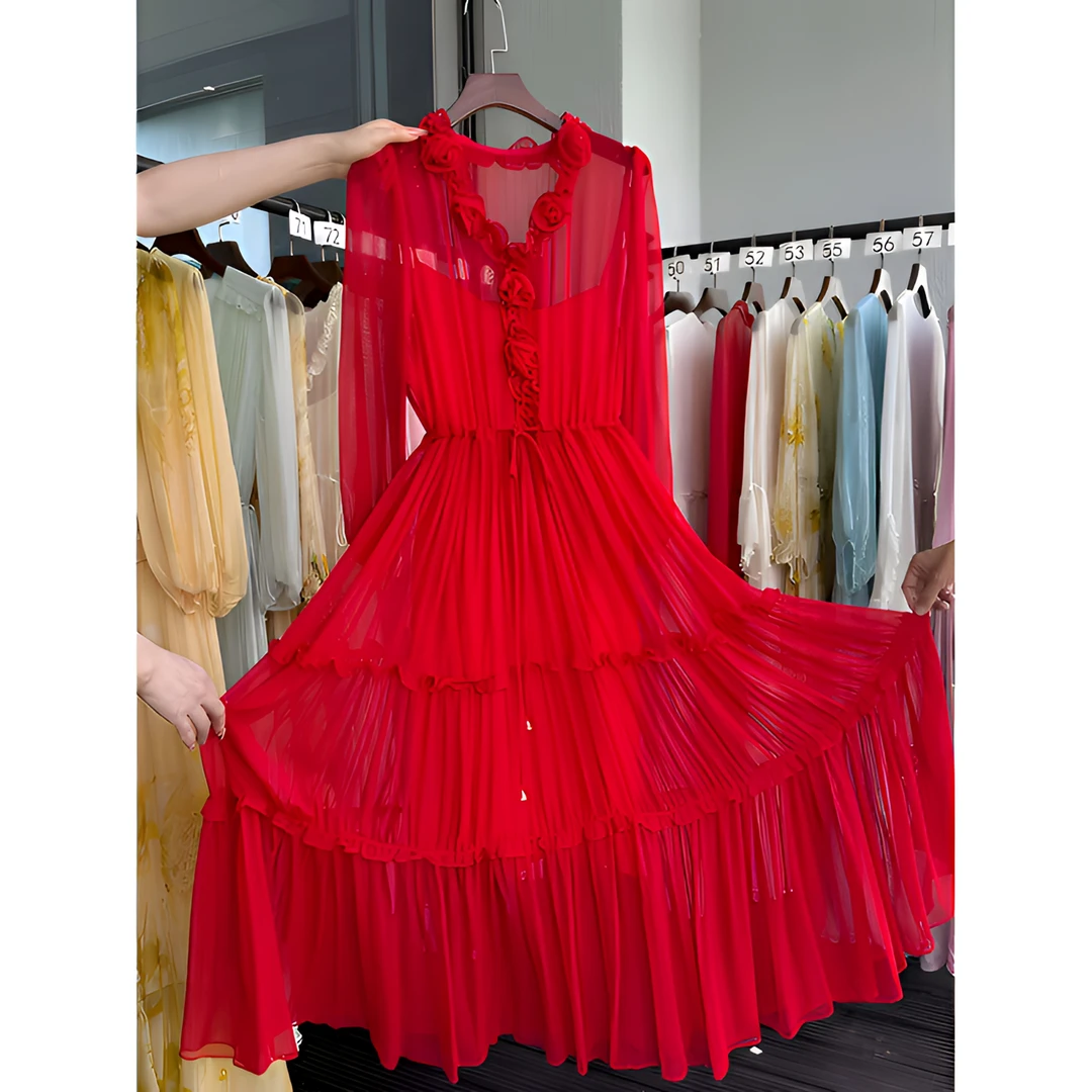 【红玫瑰】2025 SY 春夏气质收腰大摆真丝轻奢百搭长裙红色 250110