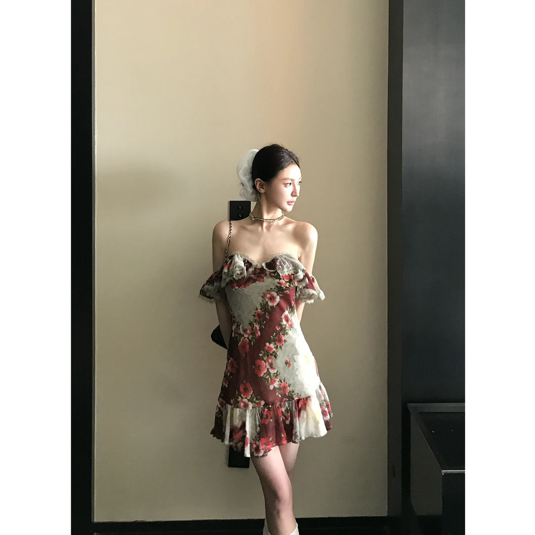 SKKSkk Store 缪斯花语 雪纺印花一字肩胸垫荷叶边连衣裙女包臀裙