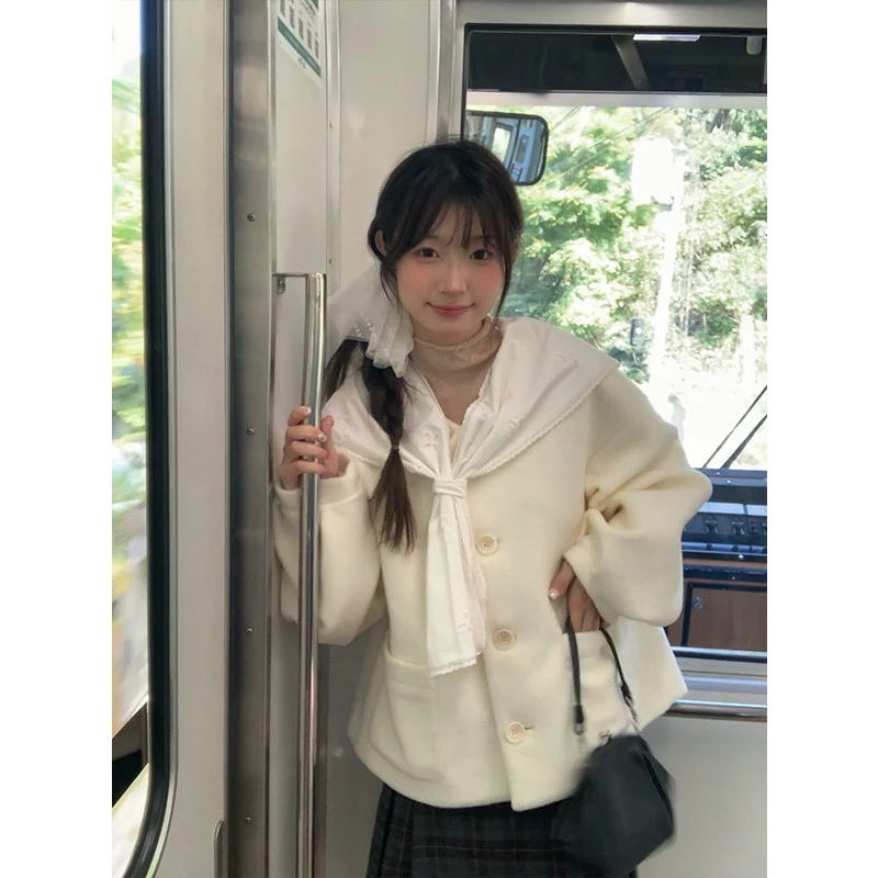 清仓霍里德地图"冬日来信"可拆卸海军领泡泡袖毛呢外套女冬