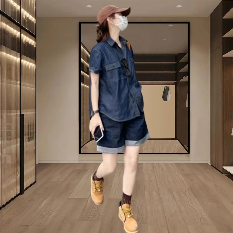 香朵儿设计感百搭牛仔衬衫短裤2025年夏季新款减龄显瘦两件套女