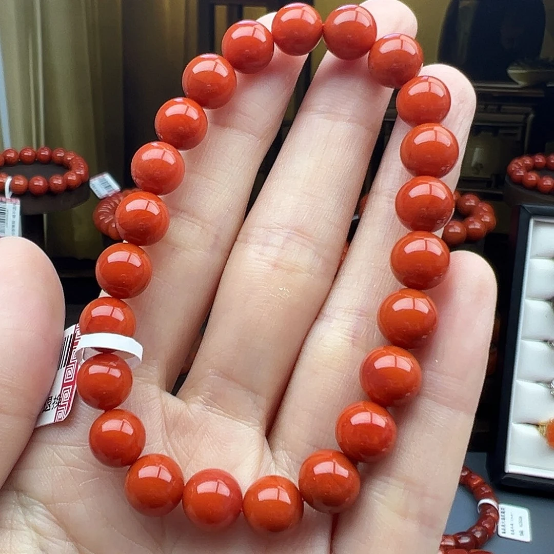 南红玛瑙未镶嵌C瓦西满色满肉柿子红8mm+收藏级