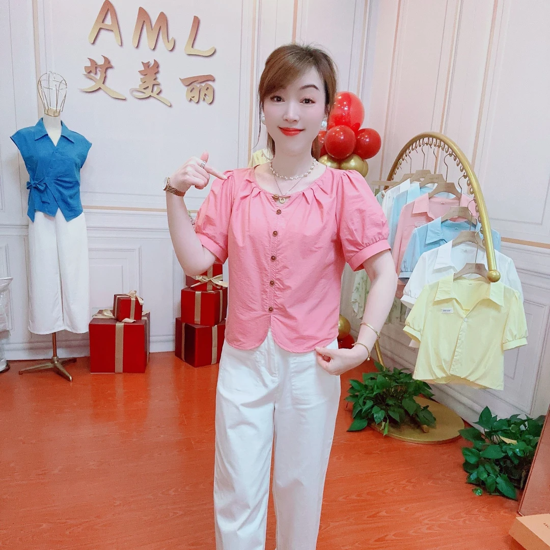 AML2 圆领甜美时尚简约气质百搭遮肚显瘦夏季短款减龄衬衫女