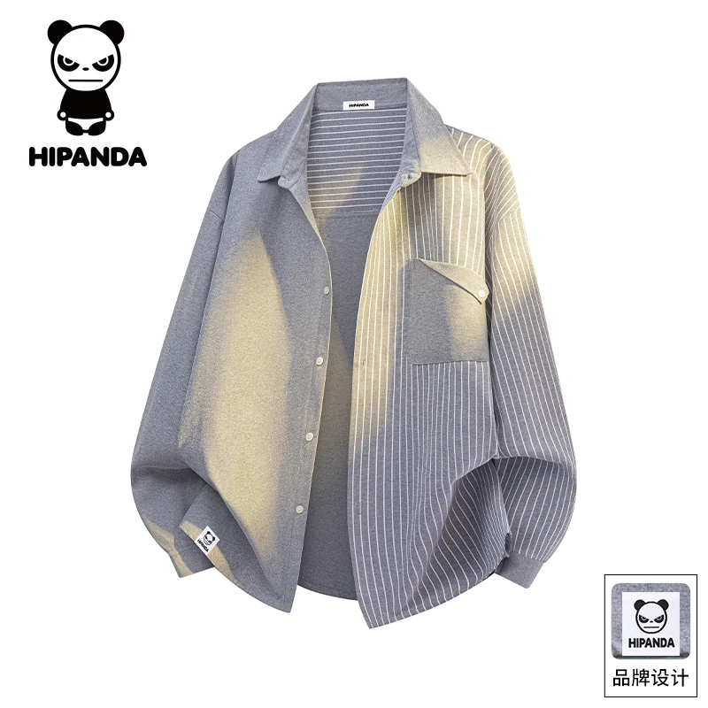 Hi Panda你好熊猫秋季新款长袖衬衫男士潮牌宽松翻领休闲上衣外套