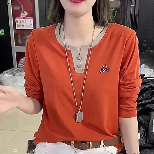 小天鹅镶钻长袖打底衫女2025秋季新款薄款设计感拼色休闲减龄上衣