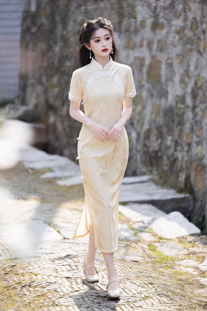 日常新中式印花短裙高考圆襟旗袍裙子法式中国风复古