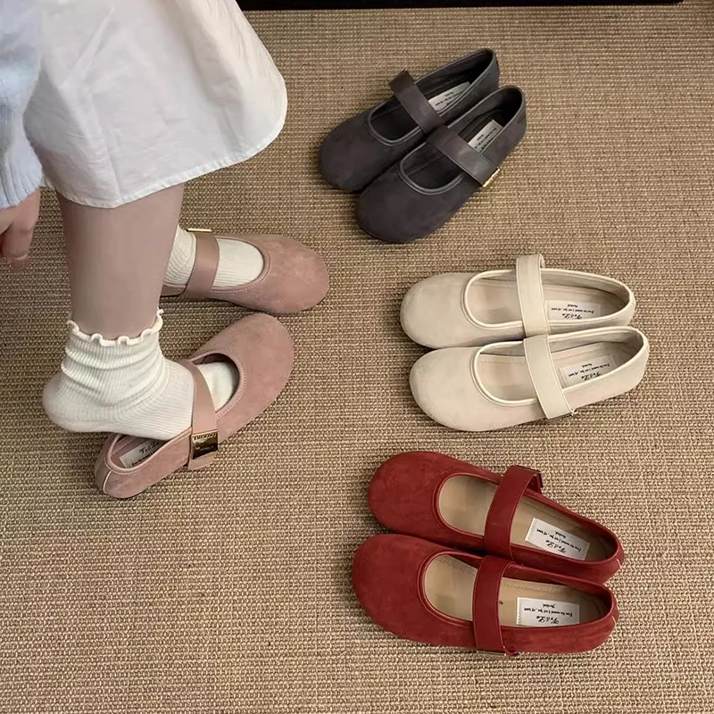 复古温柔绒面红色浅口单鞋女2025春季新款仙女风休闲平底玛丽珍鞋