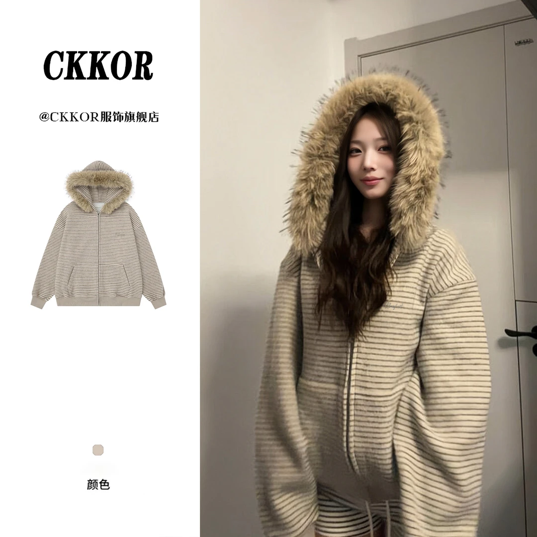 CKKOR秋冬季新款条纹毛领加绒毛呢外套女韩版宽松慵懒风连帽卫衣